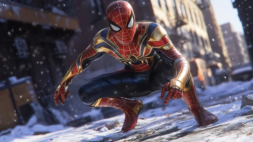 Armored superhero crouches in snowy, cinematic city street