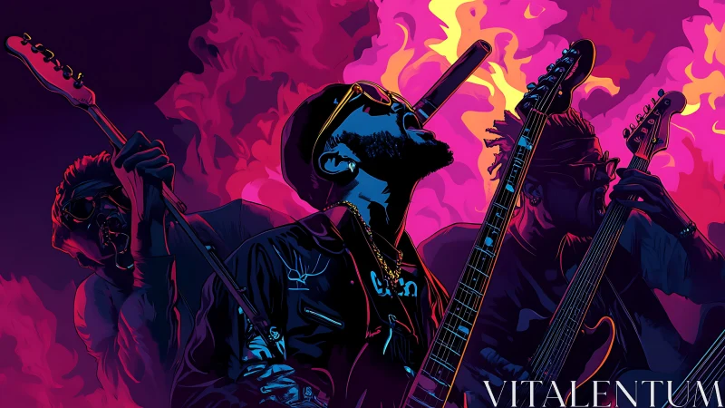 Neon-lit rock trio rendered in high-contrast vector gradients