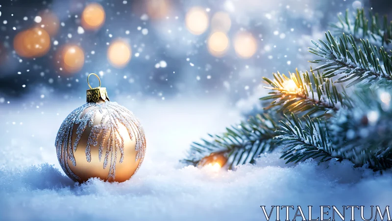 Gold bauble in snowy foreground with lit fir branch bokeh