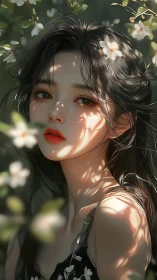 Soft sun-dappled portrait with volumetric floral bokeh rendering