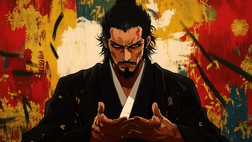 Battle-scarred samurai broods before tempest of painted fury.