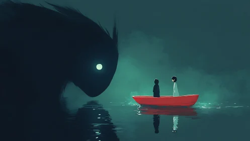 Children in red boat face looming glowing eyed shadow.