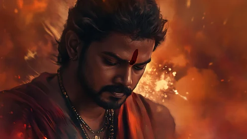 Digital portrait of meditative man with tilak mark amid embers.