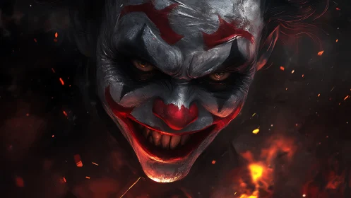Digital painting of sinister clown portrait with fiery accents.