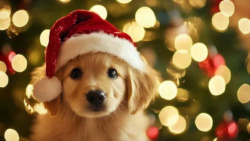 Golden retriever puppy in Santa hat with defocused bokeh lights
