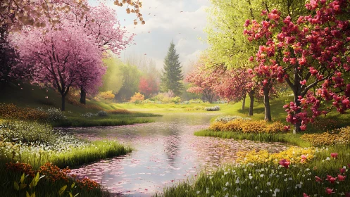 Spring blossom valley surrounds reflective riverside pond.