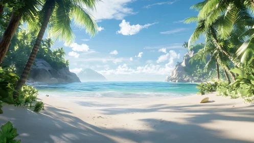Tropical Beach Cove with Palm Trees and Cliffs.