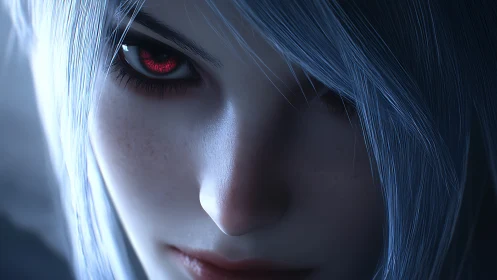 Crimson gaze in moonlit silver hair, a quiet digital menace.