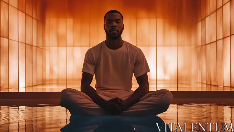 Meditating man in warm geometric room above still water.