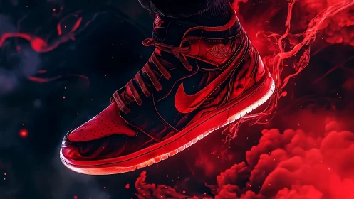 Fiery red sneaker glows boldly against swirling smoke clouds