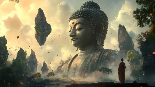 Colossal stone Buddha dreams above floating temple spires