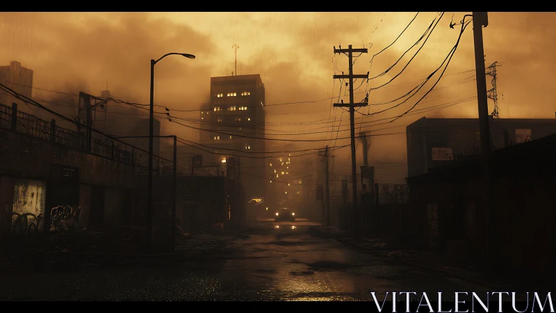 Rain-soaked dystopian backstreet framed by silhouetted utilities