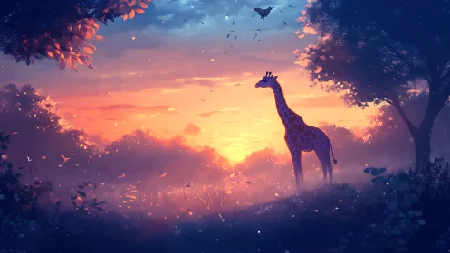 Giraffe quietly measures the sky in a glowing twilight garden