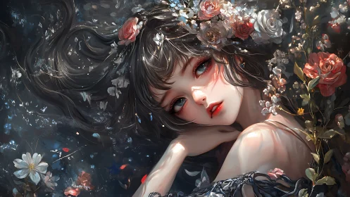 Enchanted girl rests in a dark floral dreamscape of light.