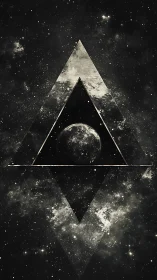 Geometric lunar form intersects layered cosmic triangle field