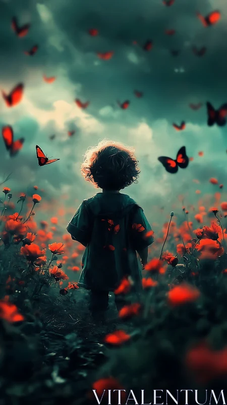 Child in crimson poppy field watches glowing butterflies.