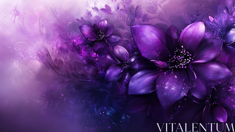 Purple Flowers Bloom in Abstract Ethereal Mist