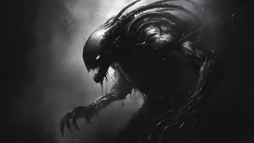 Nightmare xenomorph emerging through fractured shadows.