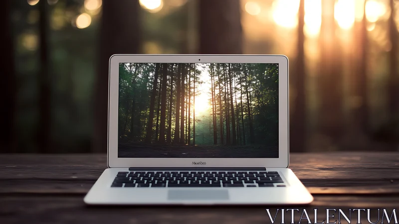 Open laptop on wooden table aligns forest screen with sunlit trees