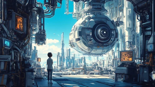 Solitary figure confronting hovering orbital drone in megacity