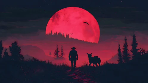 Cowboy and bull silhouettes under oversized crimson moon