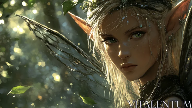 Forest fairy at dawn with luminous wings and quiet grace.