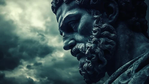 Brooding stone statue gazing into a stormy twilight sky.