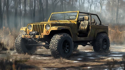 Mud-splattered off-road jeep in misty forest clearing.
