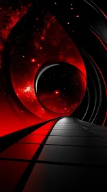 Curved orbital corridor toward red nebula aperture in space