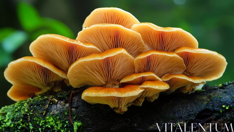 Golden woodland mushrooms glowing softly on mossy bark.