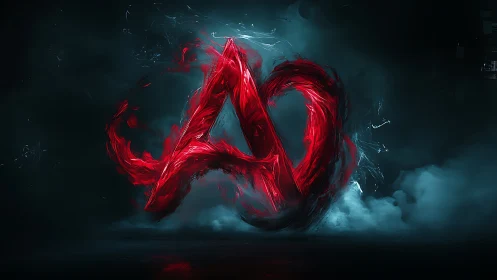Digital painting of fiery red abstract A symbol in misty void.