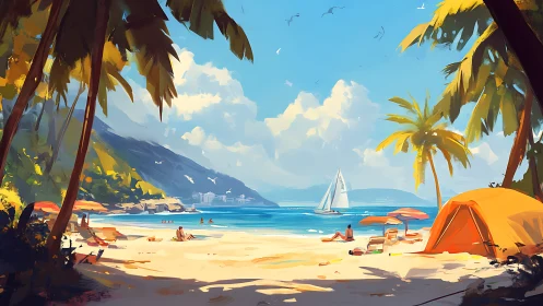 Tropical Beach Scene with Sailboat and Orange Tent