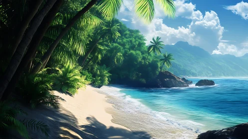 Tropical Coastal Paradise: Pristine Beach with Lush Jungle Canopy.