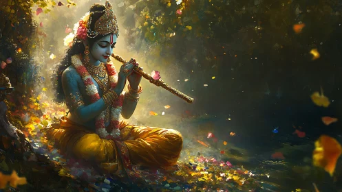 Krishna in forest light plays flute among drifting petals.