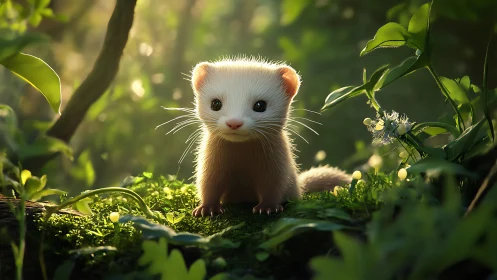 Sunlit baby ferret on mossy forest floor in soft glow.