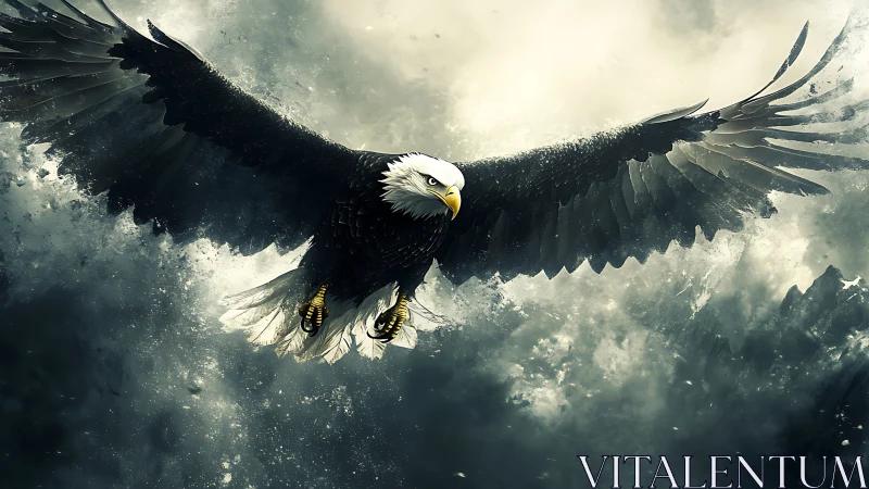Majestic Bald Eagle Soaring Over Stormy Mountains in Dramatic Art.
