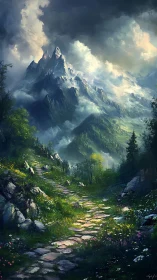 Stone mountain path curves toward distant snow peaks