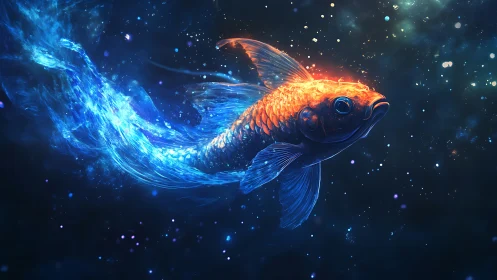 Digital illustration depicts a luminous orange and blue fish