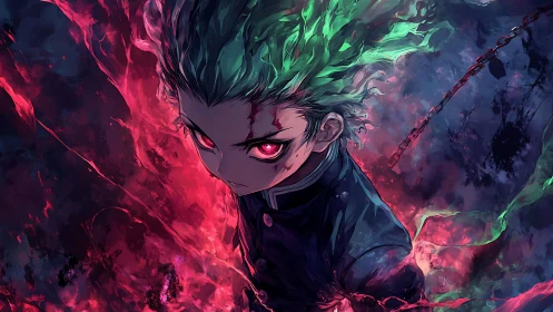 Demonic-eyed anime warrior emerges in neon storm of power.