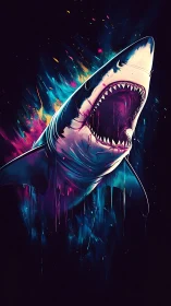 Neon-lit great white shark portrait with explosive paint splashes