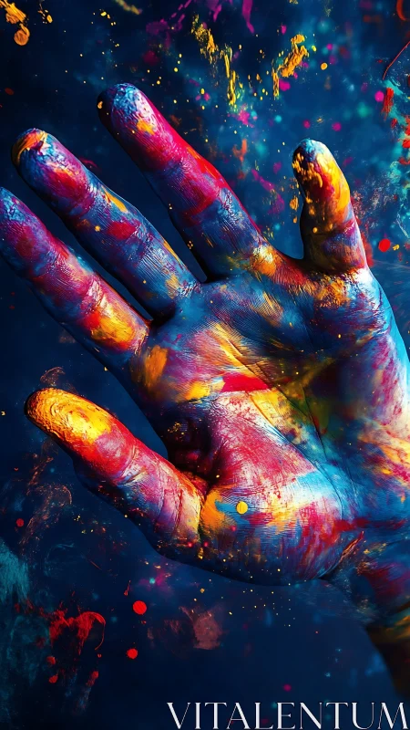 Paint soaked hand exploding with vivid neon color wash.