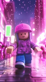 Roblox style character walking in neon city street at night.