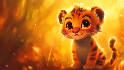 Playful baby tiger glows in warm golden sunset light