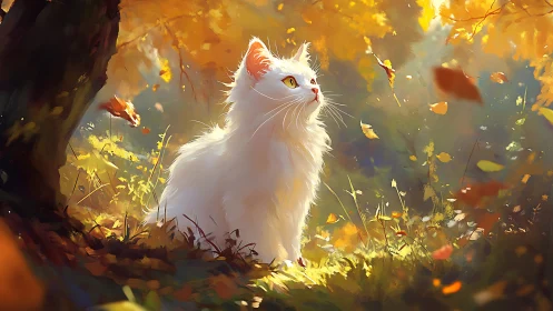 White Cat Among Golden Autumn Leaves in Sunlit Forest