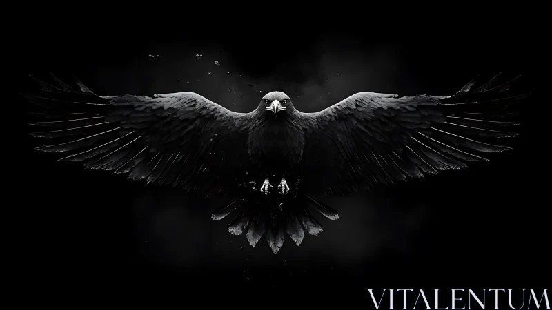 High-contrast black eagle in frontal wingspan against void