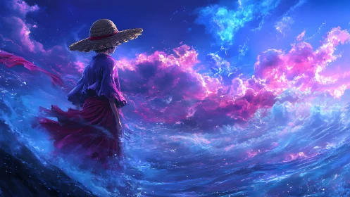 Backlit lone figure crossing neon-lit waves under magenta clouds