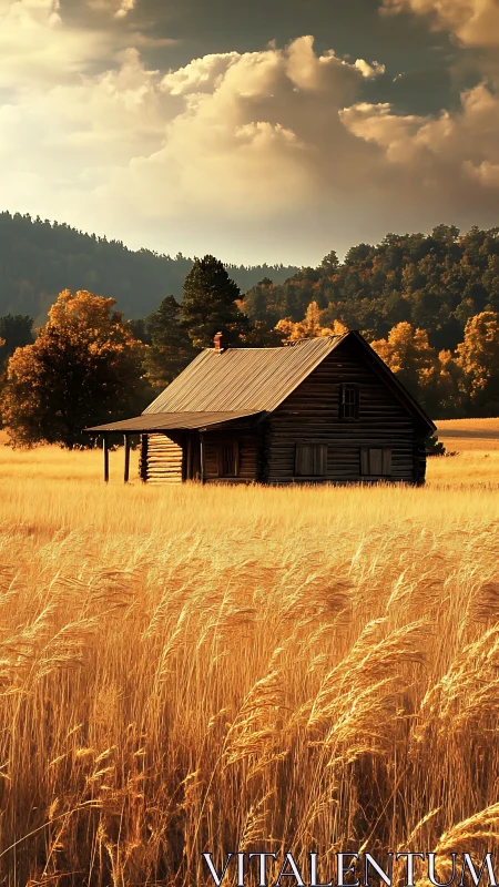 Timber cabin in golden wheat field under autumn stormlight