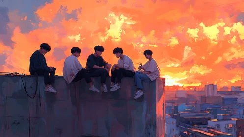 Rooftop dusk circle of friends above a burning pop-sky.