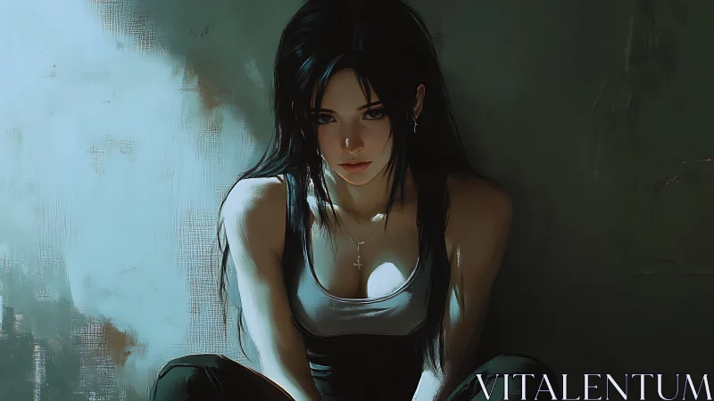 Pensive woman in tank top seated against dark wall.