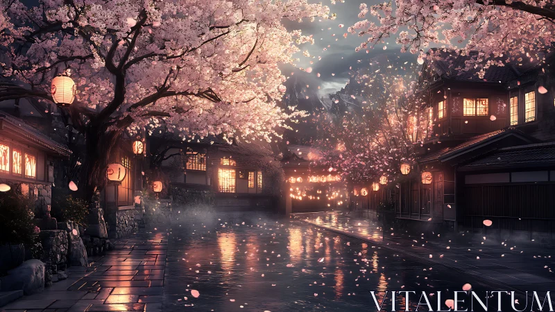 Nocturnal cherry blossoms over lantern-lit canal street.